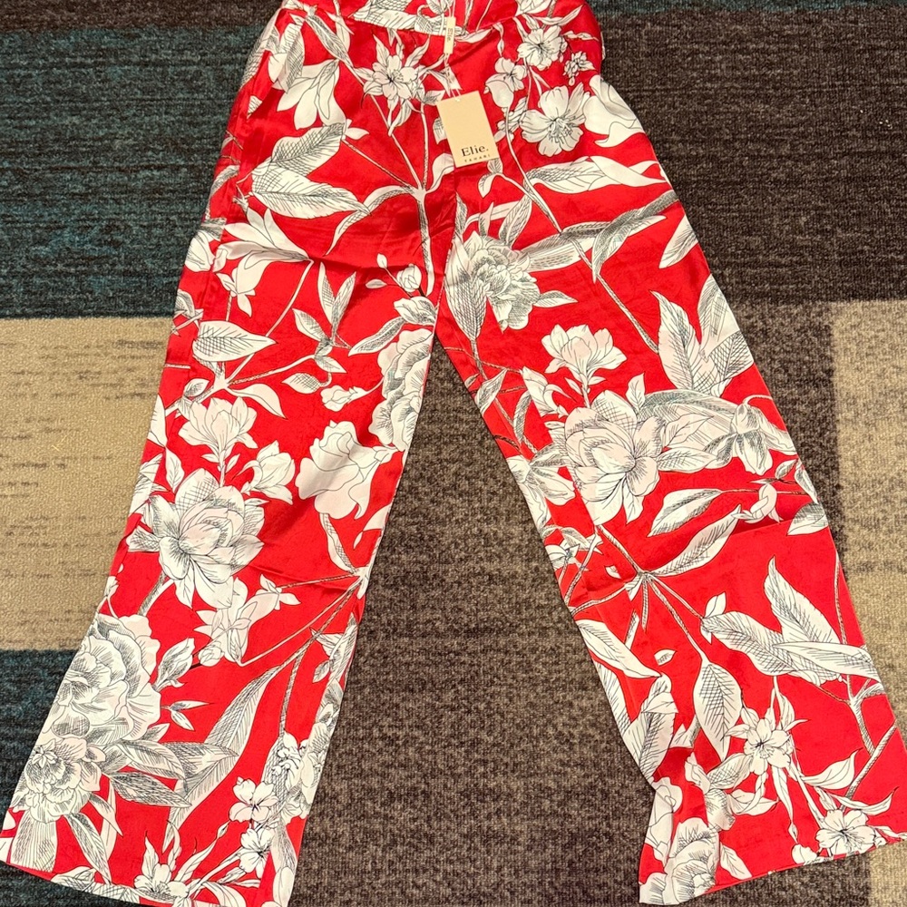 Tahari Red and White Floral Wide Leg XS Pants